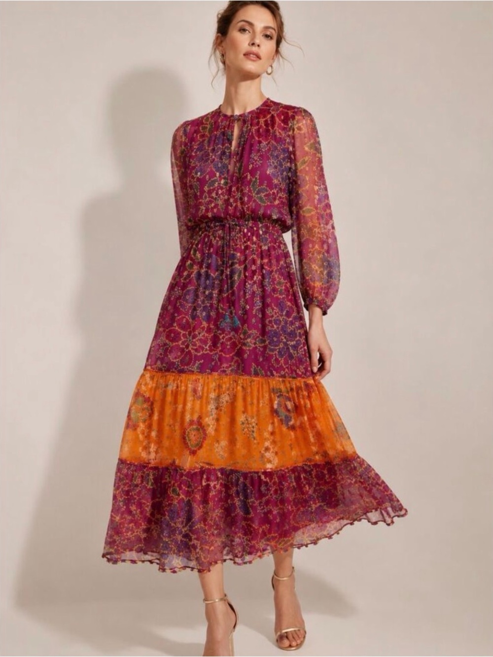 FARM Rio Floral Sparkle Mixed Print Midi Dress XS Boho Metallic Lurex